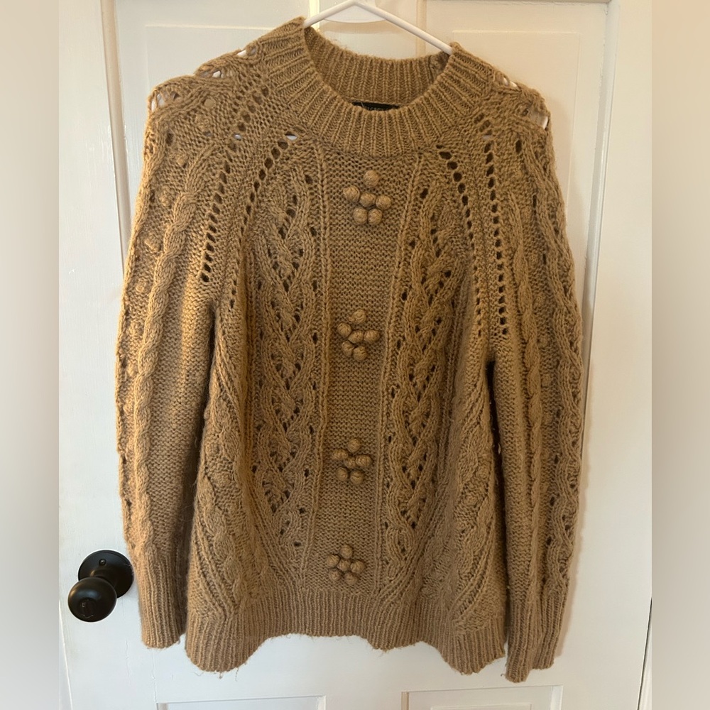 J CREW CAMEL CABLE KNIT POINTELLE BAUBLE POPCORN WOOL ALPACA SWEATER SIZE SMALL